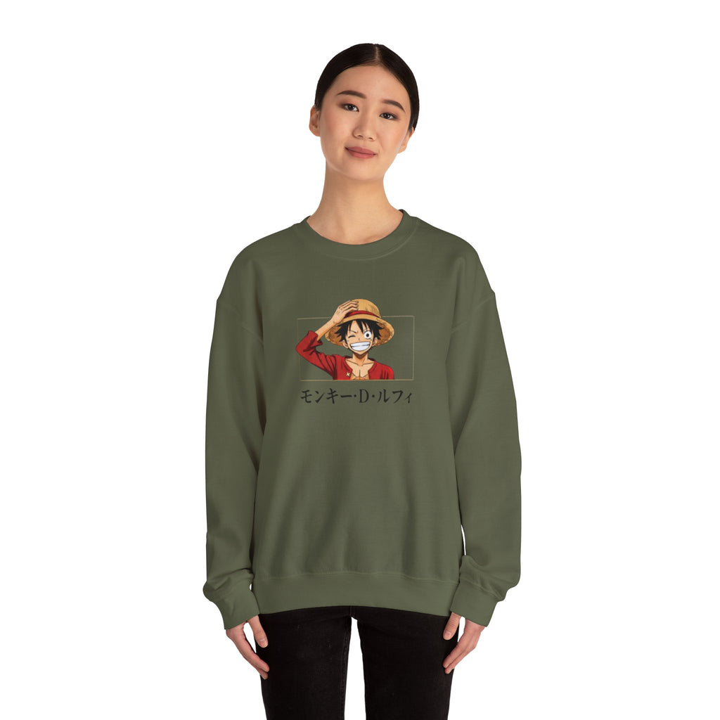 Crewneck Sweatshirt — Luffy Portrait with Japanese Text